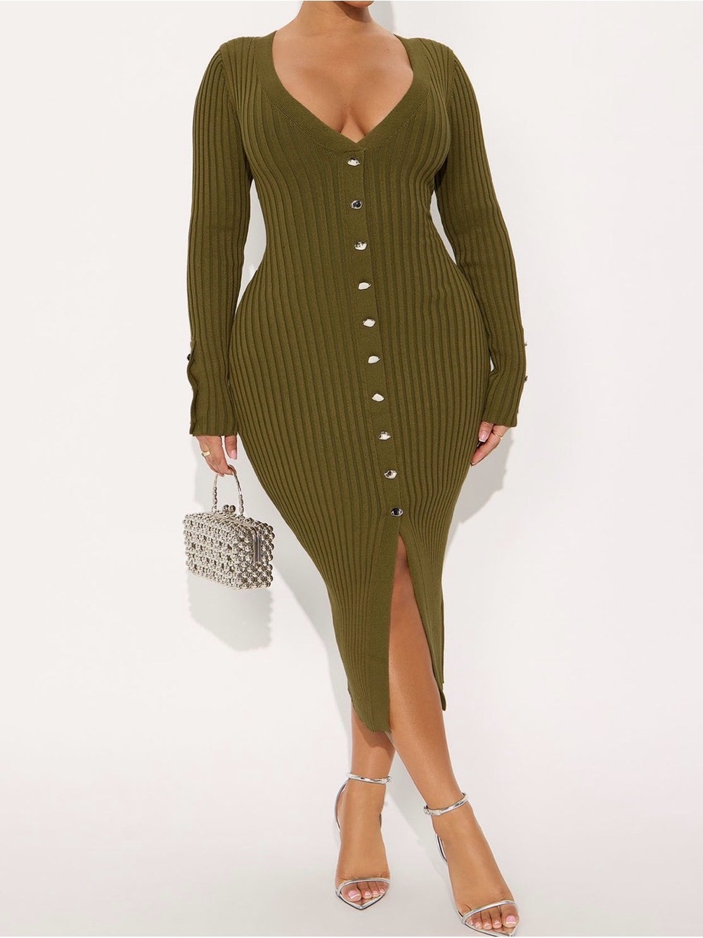 Fashion Nova Olive Ribbed Button-Front Midi Dress - Long Sleeve